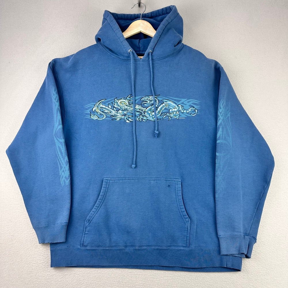 Vintage Top Heavy Dragon Graphic Hoodie Mens Large Blue Y2K Tribal Sleeve Rare